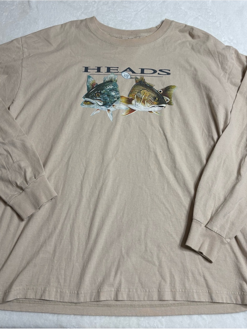 Vintage 90’s Columbia Beige Long Sleeve Graphic Tee with Fish Artwork